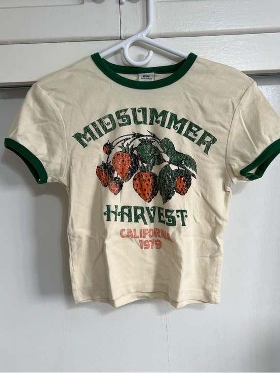 Urban Outfitters Tops - Urban Outfitters Cream Ringer Tee with Green Trim and Strawberry Graphic